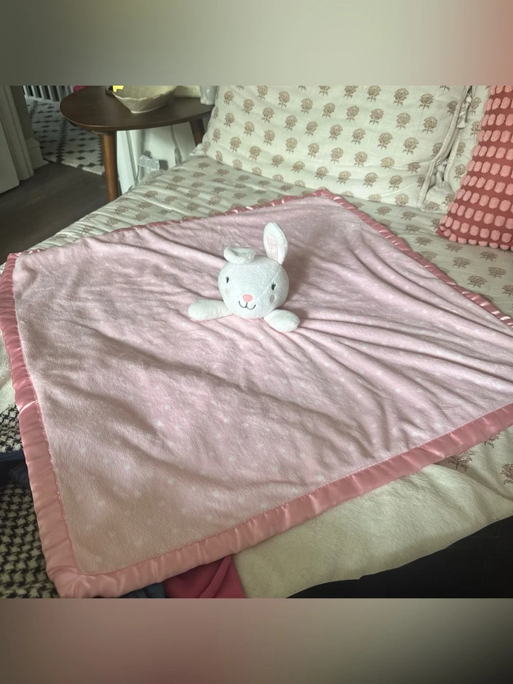 Cloud Island Security Blanket Lovey White Plush Bunny Rabbit Pink Polka Dot Soft